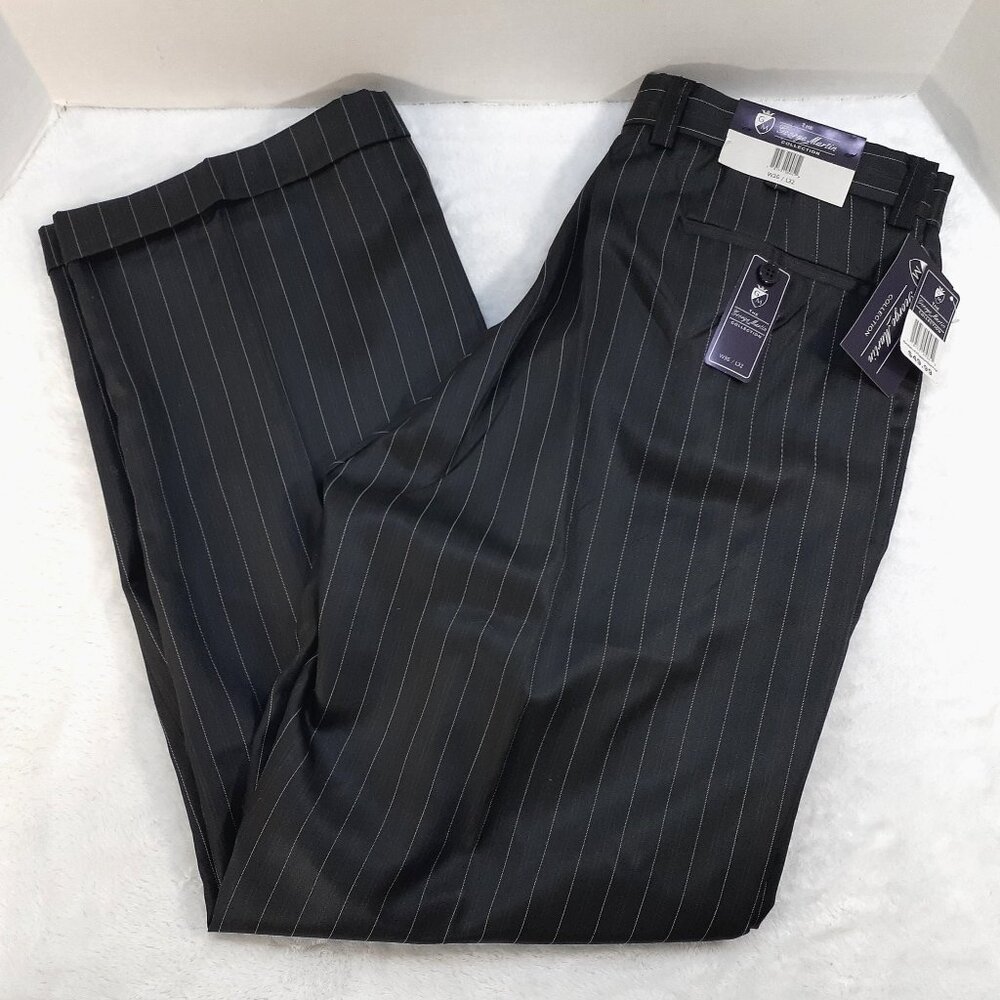 George Martin Collection Dress Pants Mens 36x32 Black Striped Cuffed Pleated NWT